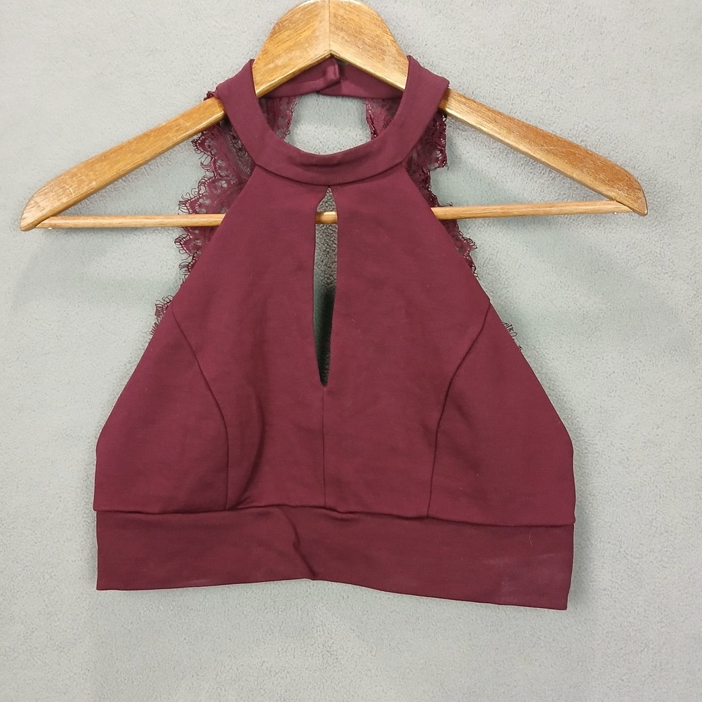 Lulus Crop Top Womens Medium Burgundy Front Keyhole Intricate Lace Halter Neck